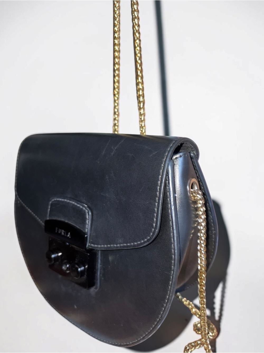 Furla Black Leather Half-Moon Crossbody with Gold Chain - Picture 3 of 10